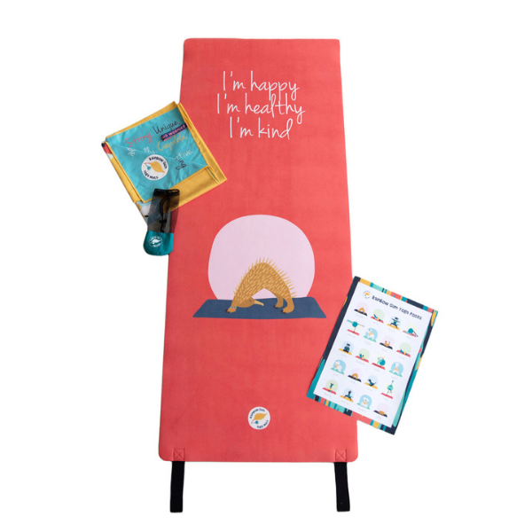 Red premium yoga mat for children with echidna