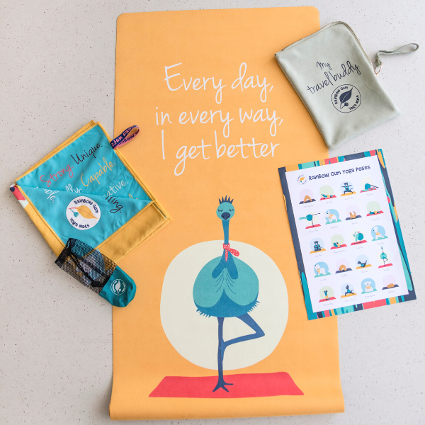 Travel yoga mat for kids with yellow emu