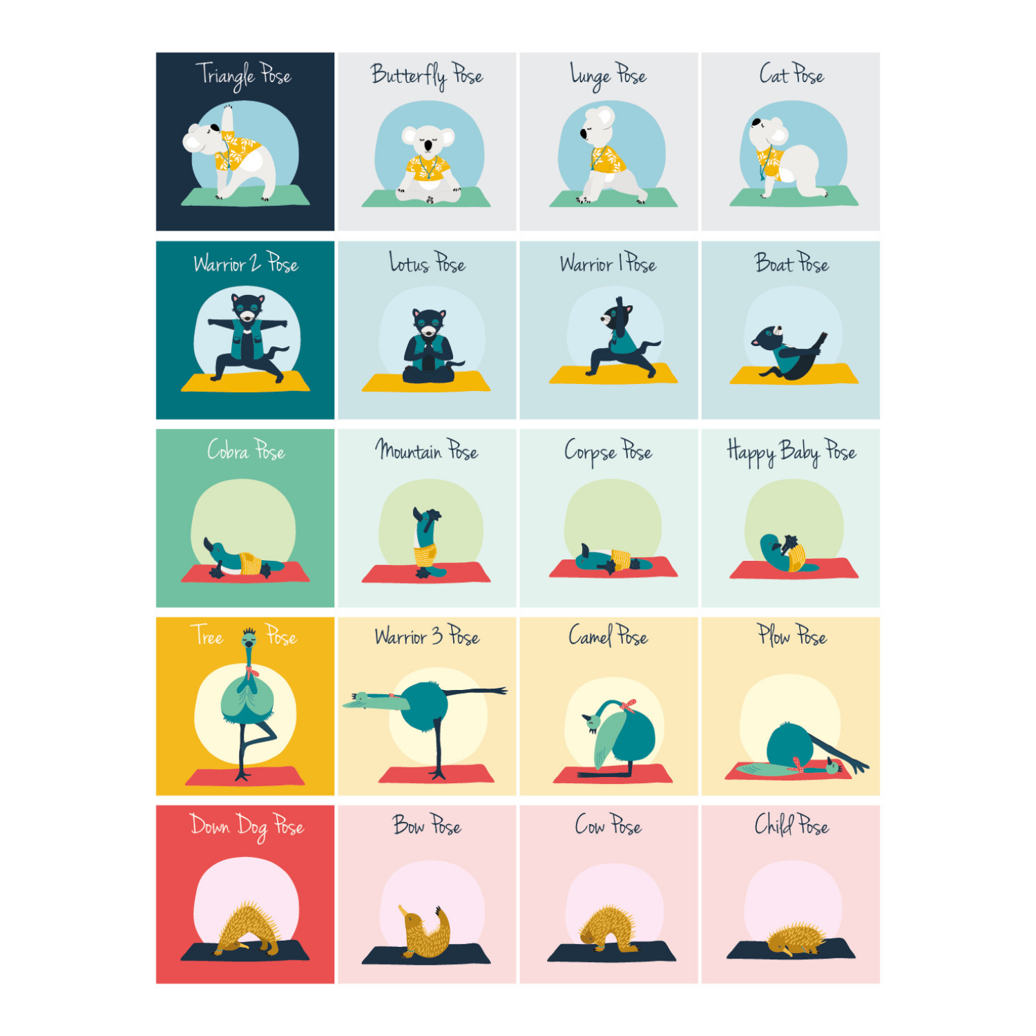 Very colourful yoga poster for children with 20 yoga poses
